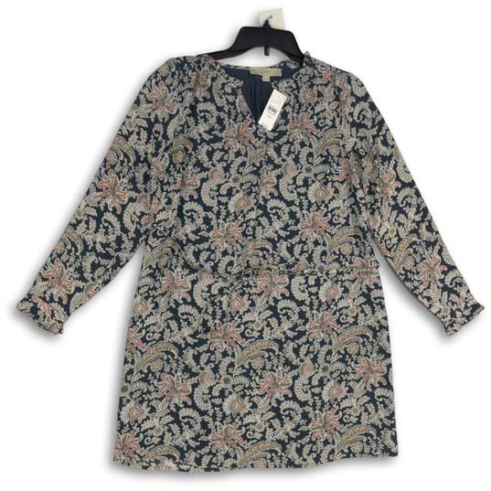 NWT Womens Gray Floral Long Sleeve Split Neck Tie Waist Shift Dress Size XSP image number 1