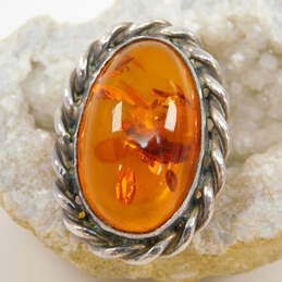 Artisan 925 Amber Cabochon Rope Oval Statement Ring 15.2g