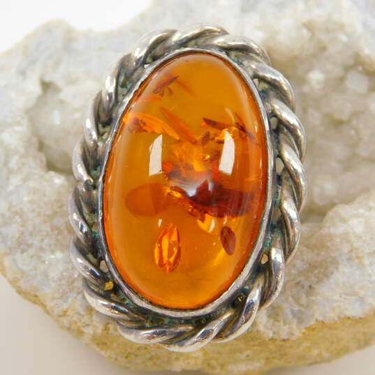 Artisan 925 Amber Cabochon Rope Oval Statement Ring 15.2g image number 1