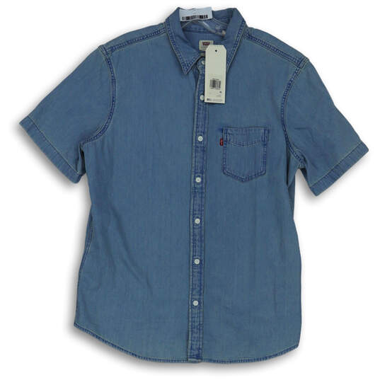 NWT Mens Blue Spread Collar Short Sleeve Front Pocket Button-Up Shirt Sz L image number 1