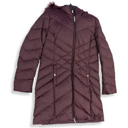 Womens Purple Long Sleeve Pockets Hooded Full-Zip Puffer Jacket Size M