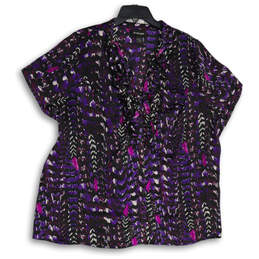 Womens Purple Animal Print Ruffle Split Neck Artsy Blouse Top Size 22/24