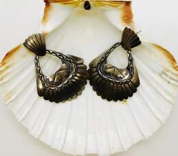 Vintage Navajo Style Sterling Silver Stamped Feather Fan Drop Earrings 16.7g