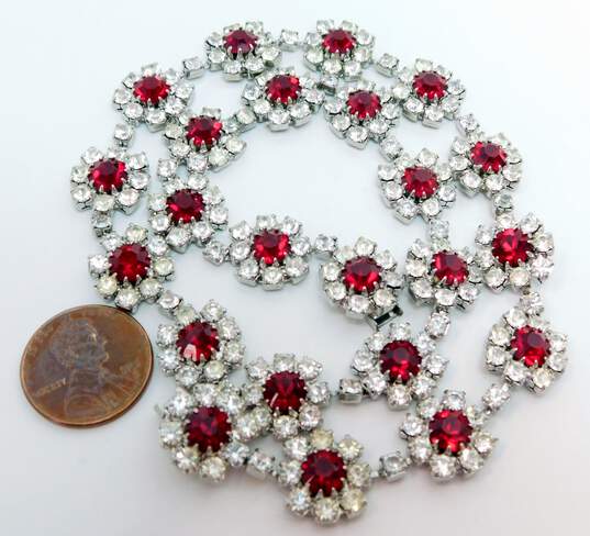 Vintage Eisenberg Ice Red & Clear Rhinestone Flower Necklace for Repair 36.2g image number 6