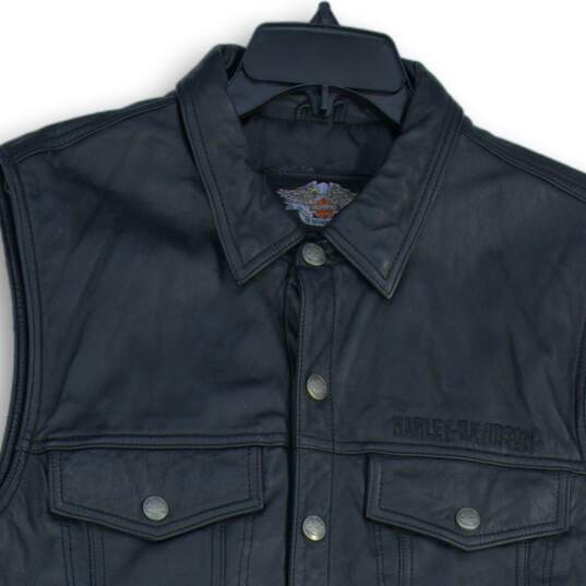 Harley Davidson Mens Black Leather Collared Flap Pocket Sleeveless Vest Size L image number 3