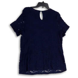 Womens Blue Floral Lace Overlay Round Neck Short Sleeve Blouse Top Size 0X alternative image