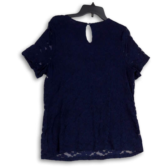Womens Blue Floral Lace Overlay Round Neck Short Sleeve Blouse Top Size 0X image number 2
