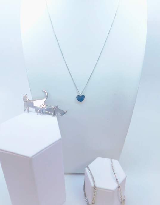Artisan 925 Polished Cat Brooch & Heart Pendant Necklace w/ Chain Bracelets 16.9g image number 1