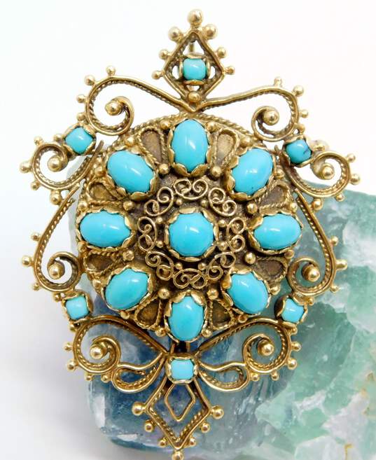 Vintage 12K Yellow Gold Filigree Sleeping Beauty Turquoise Pendant Brooch 12.6g image number 1