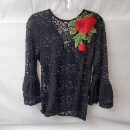 Scully Black Lace Sheer Top w Red Rose Embroidery