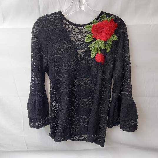 Scully Black Lace Sheer Top w Red Rose Embroidery image number 1