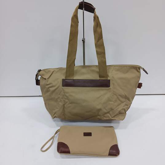 LL Bean Nylon Khaki w/ Brown Leather Trim Small Tote Bag with Wallet image number 1