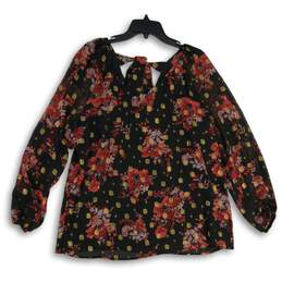 Womens Red Gold Floral Sheer Long Sleeve V-Neck Pullover Blouse Top Size XL