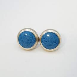 TM-181-Mexico Sterling Silver Blue Gemstone Inlay Clip-On Button Earrings 11.3g