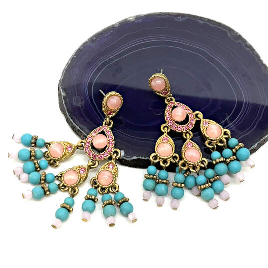 Designer Joan Rivers Pink Opal Crystal Cut Stone Chandelier Drop Earrings image number 1