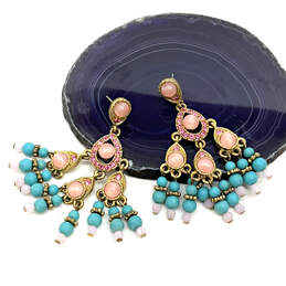 Designer Joan Rivers Pink Opal Crystal Cut Stone Chandelier Drop Earrings