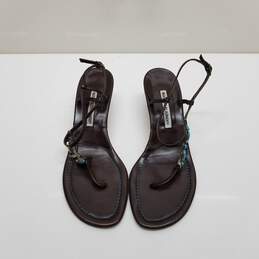 Manolo Blahnik Brown Leather Thong Embellished Kitten Heel Sandals WM Size 39.5