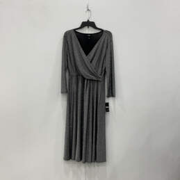 NWT Womens Silver 3/4 Sleeve V Neck Shimmery Pleated Wrap Dress Size L