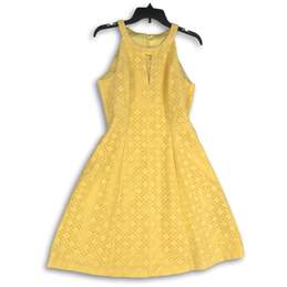 White House Black Market Womens Yellow Lace Round Neck Fit & Flare Dress Size 6