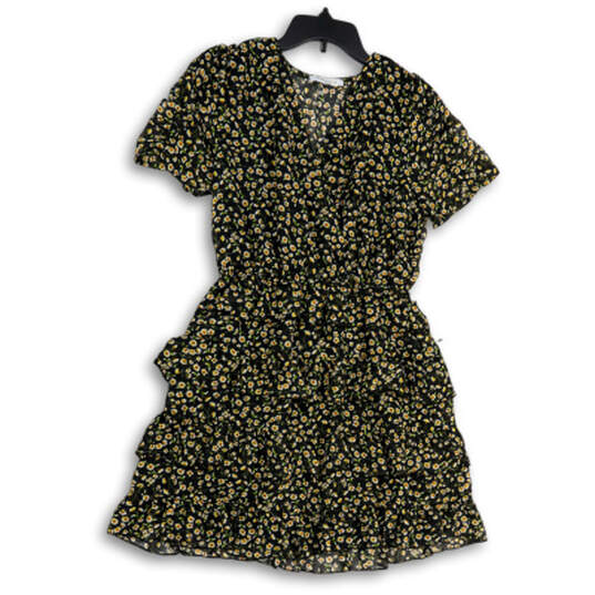 Womens Black Floral Short Sleeve V-Neck Tiered Fit & Flare Dress Size L image number 1