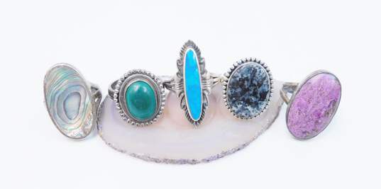 Variety 925 Sterling Silver Abalone Malachite & Faux Turquoise Multi Stone Rings 31.0g image number 1