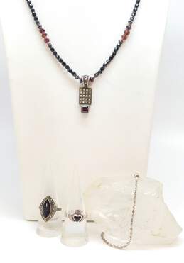 Romantic 925 Garnet & Marcasite Pendant Onyx Bali Beaded Necklace Marquise & Claddagh Rings & Twisted Herringbone Chain Bracelet 28.5g