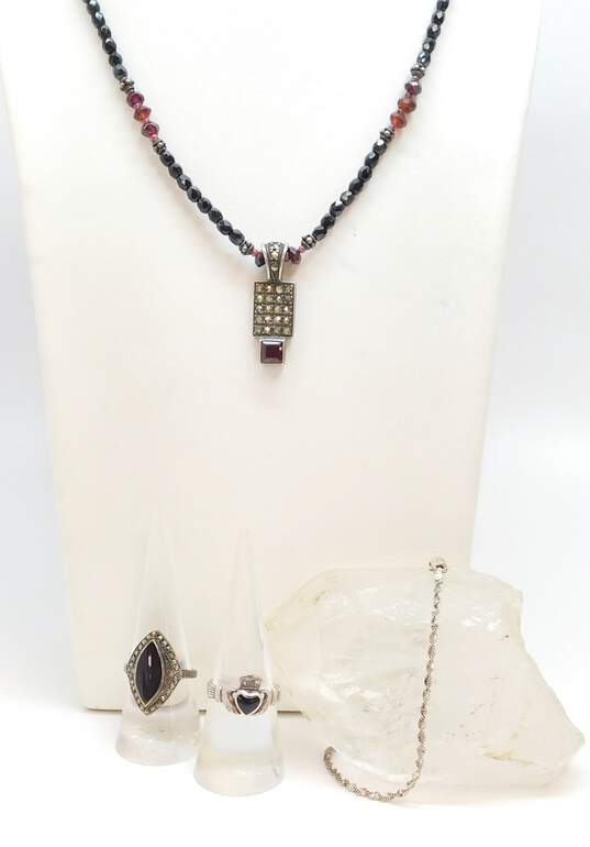 Romantic 925 Garnet & Marcasite Pendant Onyx Bali Beaded Necklace Marquise & Claddagh Rings & Twisted Herringbone Chain Bracelet 28.5g image number 1