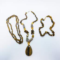 Artisan Goldtone Tigers Eye Teardrop Pendant Shells & Orange Crystals & Chips Beaded Layering Necklaces Variety 173.7g