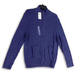 NWT Mens Blue Long Sleeve Mock Neck Knitted Full-Zip Sweater Size Large