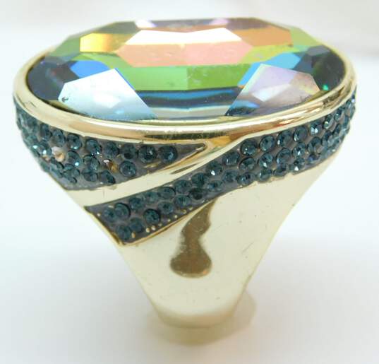 Akkad Goldtone Blue Rainbow & Clear Crystals Oval & Rectangle Chunky Statement Rings 43g image number 4