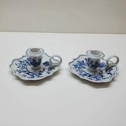 Set of 2 Blue Danube Onion Pattern Candlestick Candle Holder Porcelain White Blue