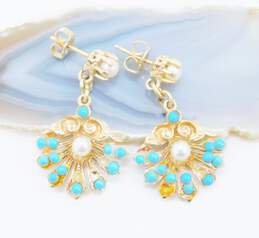 14K Yellow Gold Pearl & Faux Turquoise Earrings 6.5g