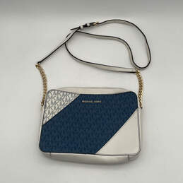 Womens Blue White Monogram Inner Pocket Adjustable Strap Crossbody Bag