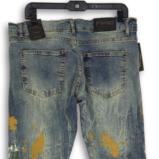 NWT Mens Blue Denim Paint Splatter 5-Pocket Design Straight Leg Jeans Sz 34 image number 4