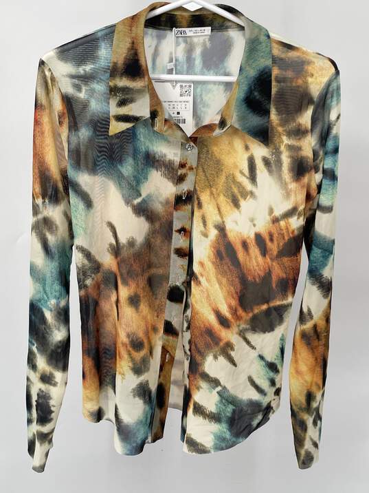 Womens Beige Multicolor Tie-Dye Collared Blouse Top Size Large T-0528893-D image number 2