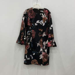 Womens Multicolor Floral Print Bell Sleeve Round Neck Back Zip Shift Dress 8