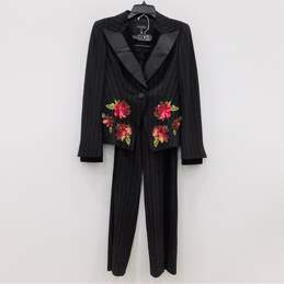 Black And Red Pinstripe Floral Sequins Blazer Pants Suit Separates alternative image