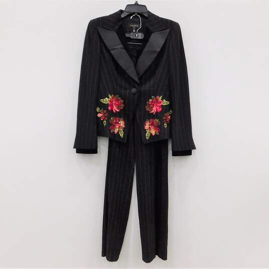 Black And Red Pinstripe Floral Sequins Blazer Pants Suit Separates image number 2