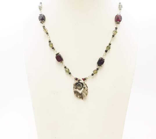 Ethereal 925 Rose Flower Pendant Glass Bead Necklace, Garnet Earrings & Knot Bangle Bracelet 50.7g image number 2
