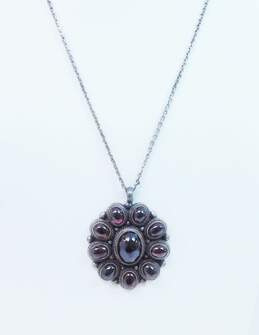 Artisan 925 Sterling Silver Garnet Flower Pendant Necklace 41.7g