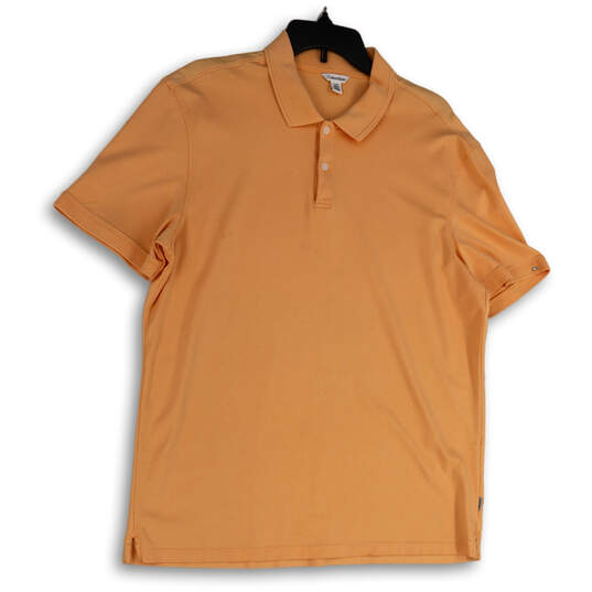 Mens Orange Short Sleeve Spread Collar Side Slit Polo Shirt Size Large image number 1