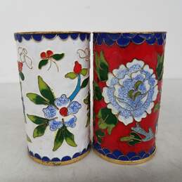 Pair of Floral Cloissone Small Cylinder Vases
