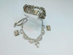 VTG Weiss Silvertone Icy Rhinestones Pointed Necklace Bracelet & Fur Clips