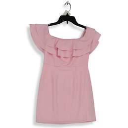 Womens Pink Ruffle Square Neck Modern Back Zip Mini Shift Dress Size Small