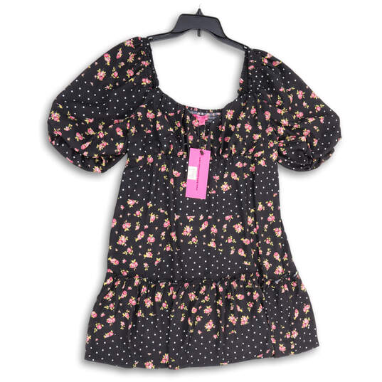 NWT Womens Black Pink Floral Smocked Back Puff Sleeves Mini Dress Size XXL image number 1