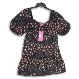 NWT Womens Black Pink Floral Smocked Back Puff Sleeves Mini Dress Size XXL