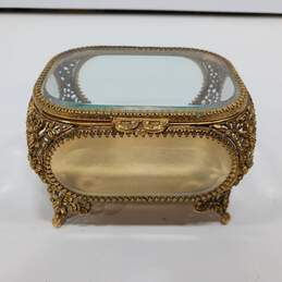 Antique Filigree Ormolu Jewelry Box with Beveled Glass Case
