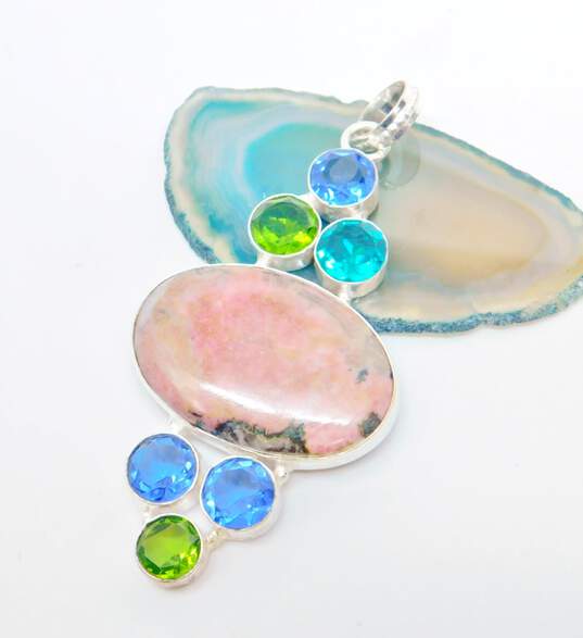 Artisan Silver Tone Rhodonite Agate Rainbow Calsilica Moonstone Colorful Glass Statement Pendants 76.3g image number 2
