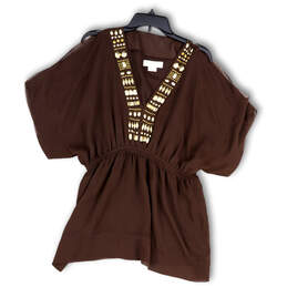 Womens Brown Gold Embellished Short Sleeve Elastic Waist Tunic Top Size L