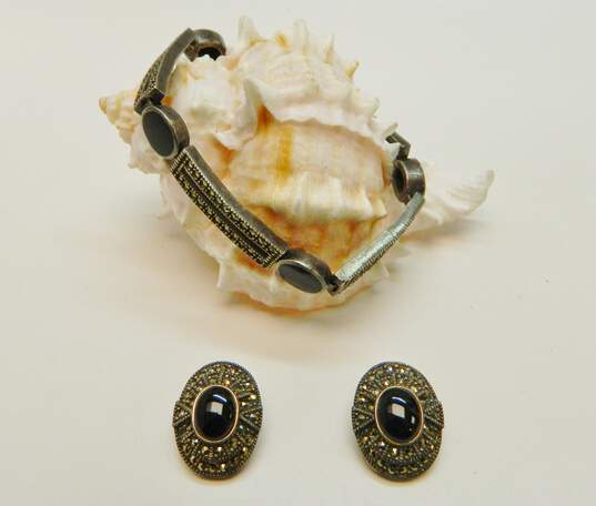 Romantic 925 Faux Onyx Cabochon & Marcasite Art Deco Clip On Earrings & Oval & Rectangle Panel Linked Bracelet 32.2g image number 1